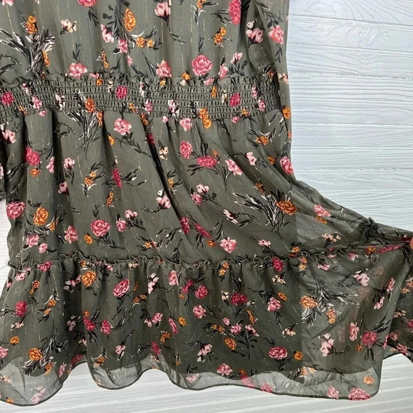 DREW Anthro Green Floral Print Dress Gold Stripes Long Sleeves Smocked Size L - Picture 13 of 16